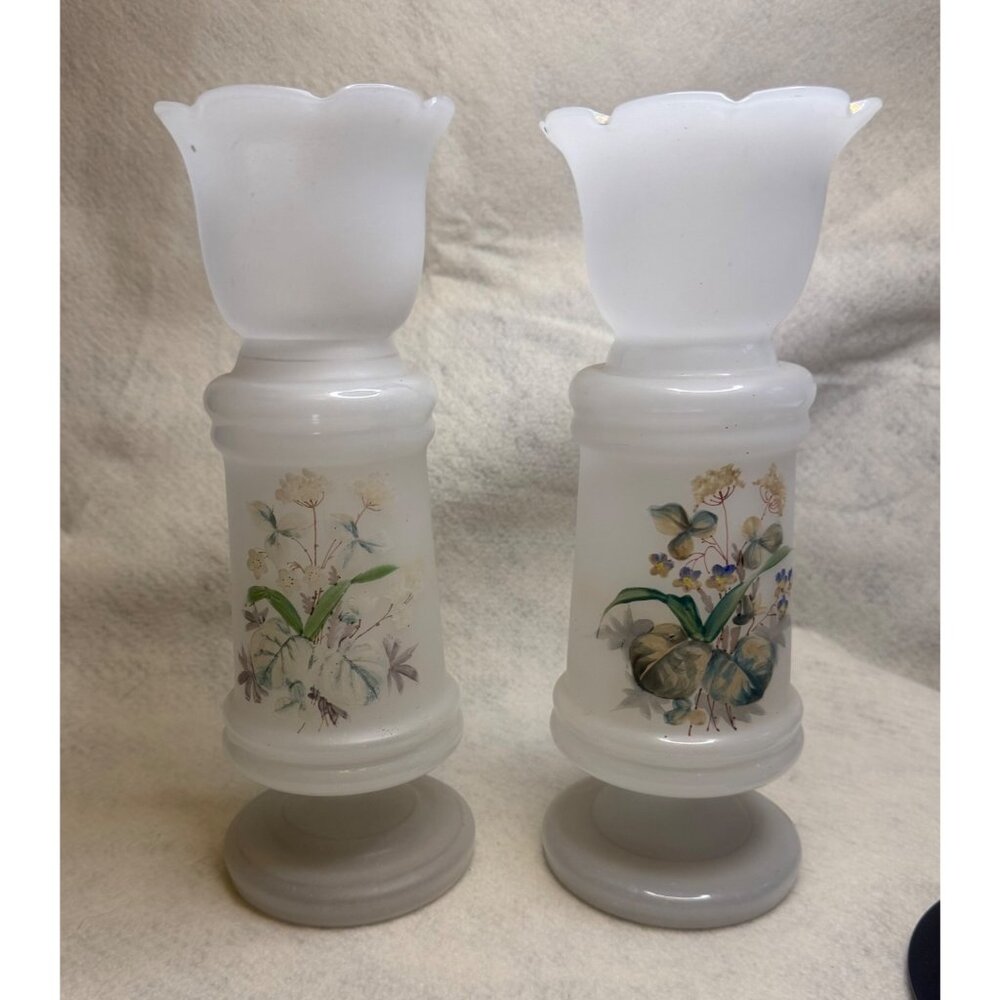 Antique Hand-Painted Milk Satin Glass Vases Pair with Ruffled Rim Floral Design